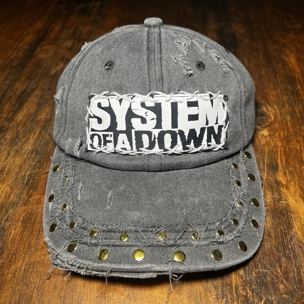 System Of A Down Hat Custom Studded Distressed Patchwork Black Skullcore